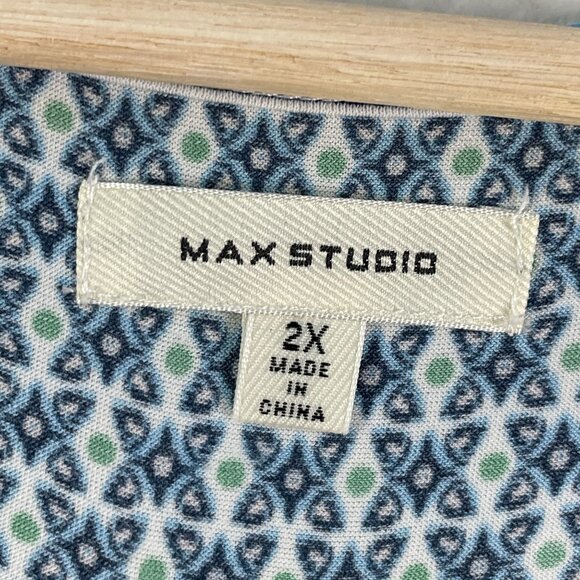 Max Studio Womens Plus 2X Blue Green Printed Blouse Tie Sleeve Stretch Tunic Top - Picture 4 of 11